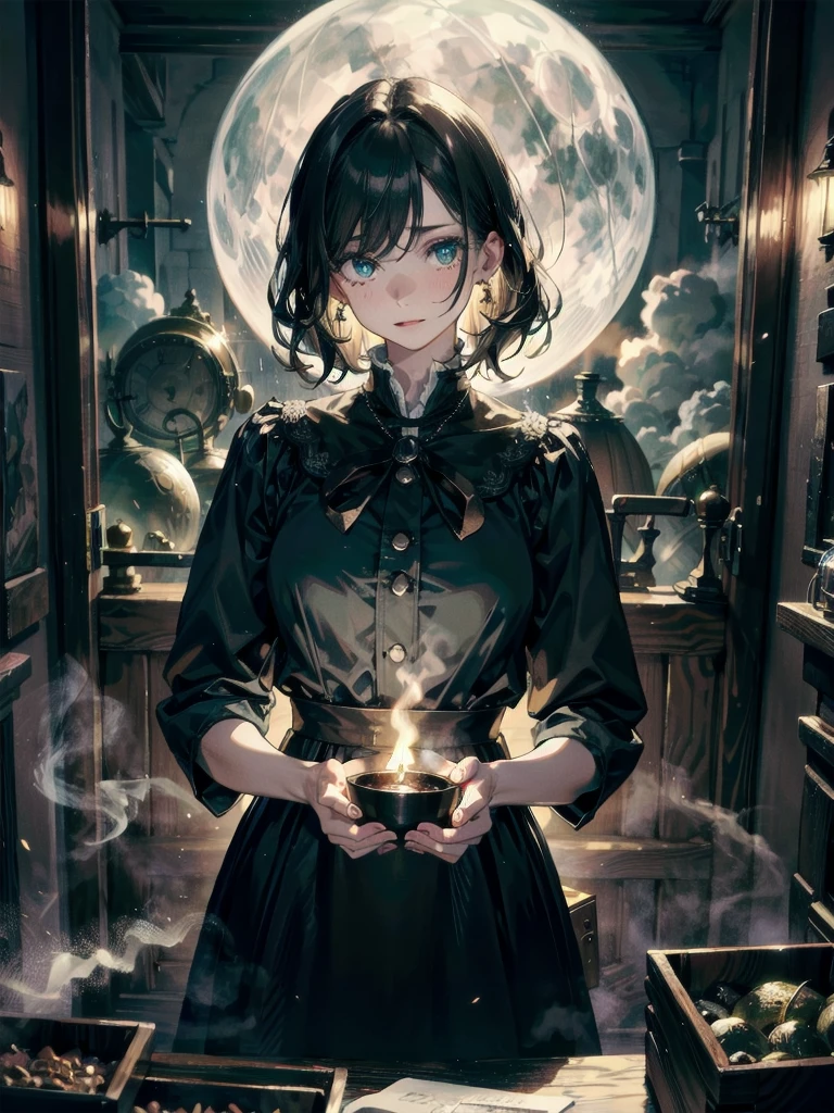 whole body, a beautiful witch in her alchemist room, working on her project with a steaming cauldron filled with green glowing smoke, against the backdrop of a fantasy night with a full moon and a view from the window, dressed in a traditional witch outfit, absurdres, RAW photo, extremely delicate and beautiful, masterpiece, Best Quality, ultra high resolution, 32k, hyperrealistic, ultra-detailed, detailed description, pale skin, 20 years old, detailed beautiful face and eyes, tearful mole, earring, Colossal tits, short medium hair, wavy hair,　