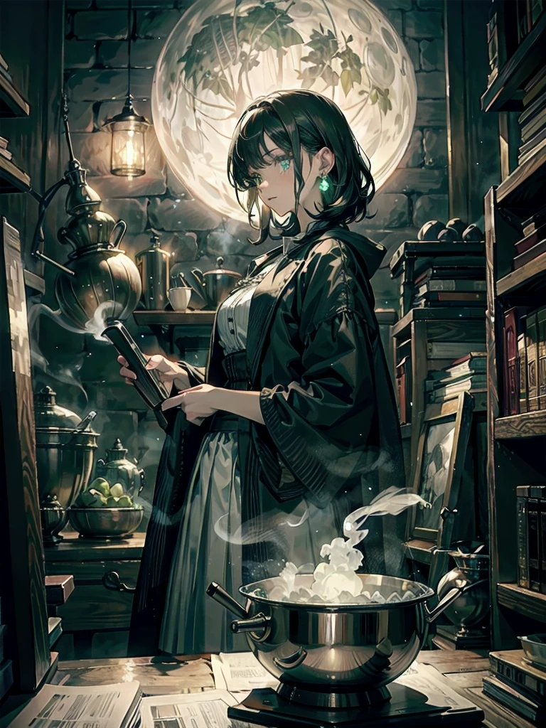 whole body, a beautiful witch in her alchemist room, working on her project with a steaming cauldron filled with green glowing smoke, against the backdrop of a fantasy night with a full moon and a view from the window, dressed in a traditional witch outfit, absurdres, RAW photo, extremely delicate and beautiful, masterpiece, Best Quality, ultra high resolution, 32k, hyperrealistic, ultra-detailed, detailed description, pale skin, 20 years old, detailed beautiful face and eyes, tearful mole, earring, Colossal tits, short medium hair, wavy hair,