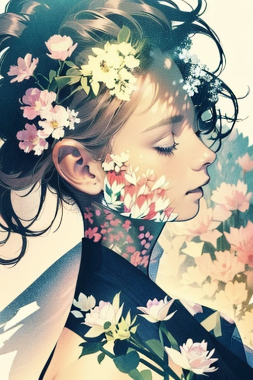 Realistic、((Super multiple exposure effect where the background can be seen through the clothes))、With a girl、Laughter、Background Flowers、wonderful、towards the night view,、create a line of light.The face is not visible、