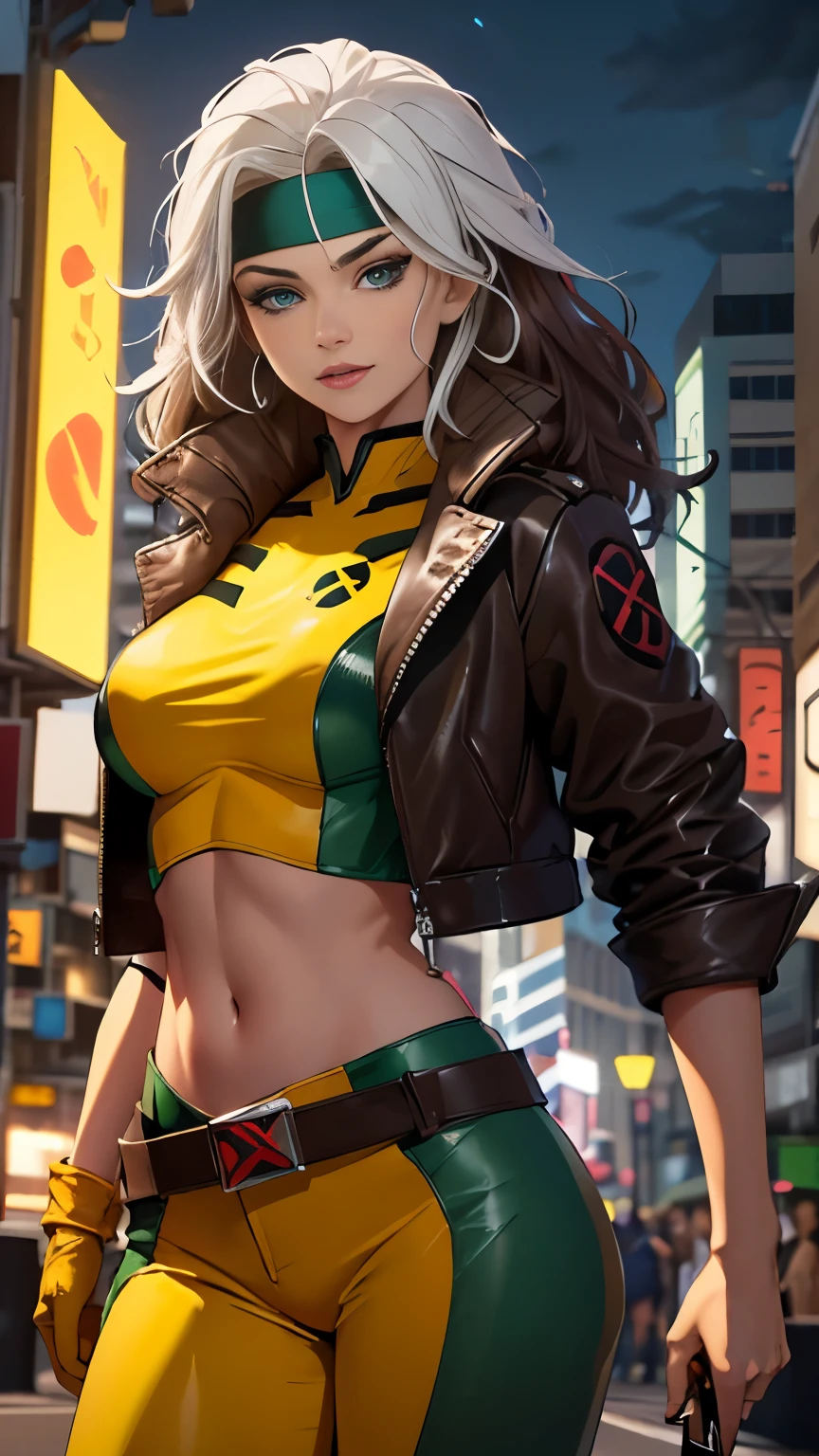 (Highly quality, masterpiece, detailed), night city detailed scenario, night city detailed background, 20 years old girl, solo, multi colored hair, white hair, brown hair, Superhero, Rogue, Xtreme, blue eyes, jacket, open clothes, belt, open jacket, headband, cropped legs, leather, leather jacket, green pants, yellow pants, yellow leather top, green leather top, crop top, navel, perfect face, beautiful eyes, perfect eyes, looking at the viewer, Sexy pose