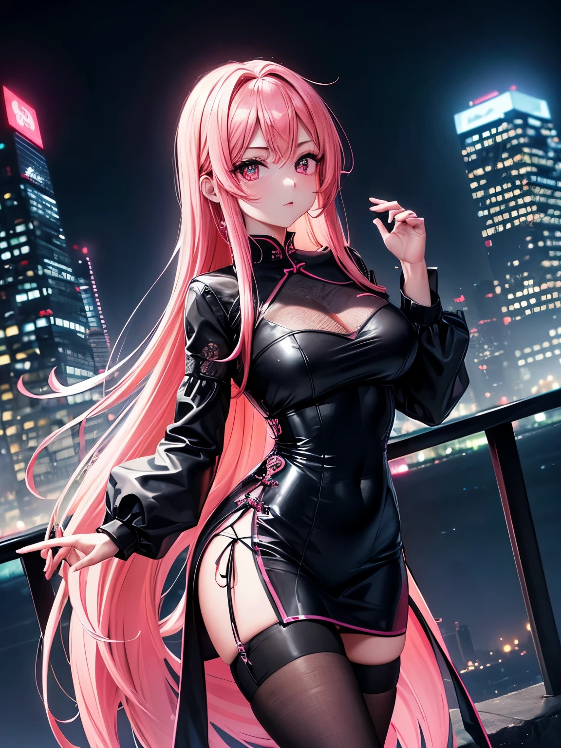 anime, (obra de arte, melhor qualidade, ultra-detalhado, alto contraste), 1 mulher (Sozinho, corpo todo, corpo plus size, standing on the edge of the skyscraper, cabelo prateado, LONGO Em um rabo de cavalo, olhos vermelhos brilhantes de rubi, (qipao preto, black cybernetics with neon pink), meias pretas transparentes), (skyscraper roof, com vista para uma cidade, fundo detalhado ((night time, Darkness, low light pollution)))