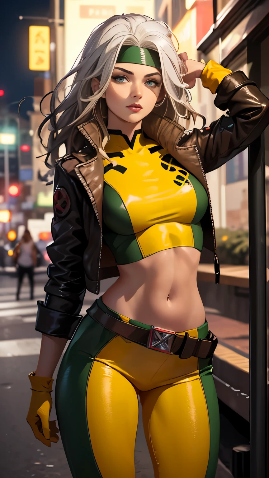 (Highly quality, masterpiece, detailed), night city detailed scenario, night city detailed background, 20 years old girl, solo, multi colored hair, white hair, brown hair, Superhero, Rogue, Xtreme, blue eyes, jacket, open clothes, belt, open jacket, headband, cropped legs, leather, leather jacket, green pants, yellow pants, yellow leather top, green leather top, crop top, navel, perfect face, beautiful eyes, perfect eyes, looking at the viewer, Sexy pose