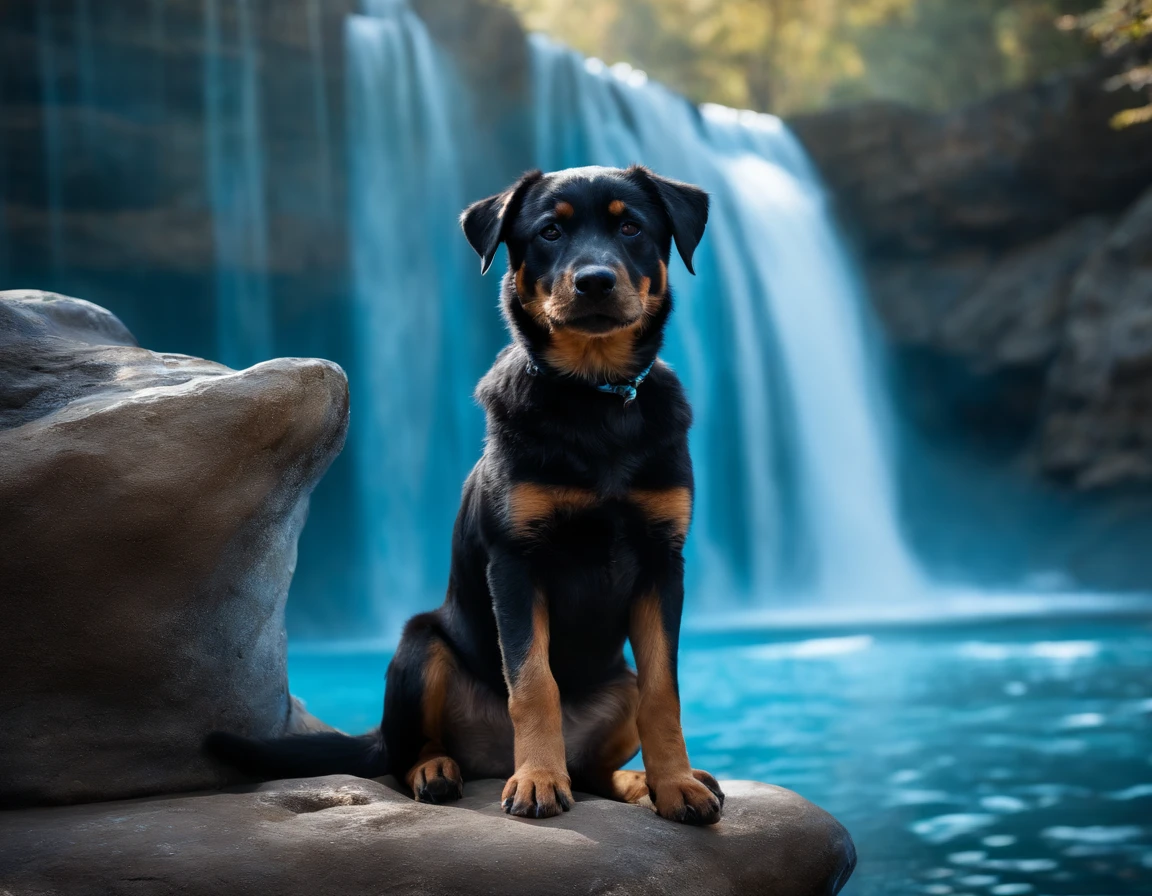 Australian cattle dog and Rottweiler puppy sitting in the crystal blue waterfall, castle background, fantasy style, vibrant colors 