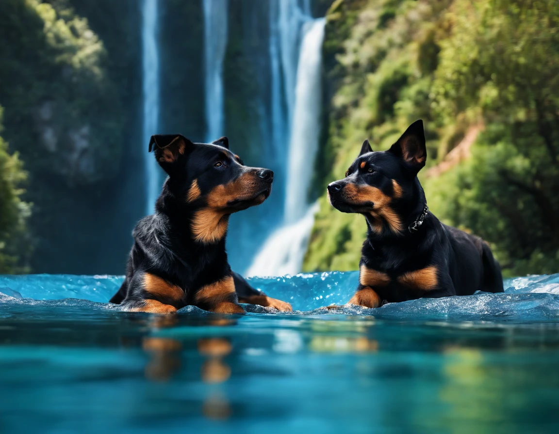 Australian cattle dog and Rottweiler puppy sitting in the crystal blue waterfall, castle background, fantasy style, vibrant colors