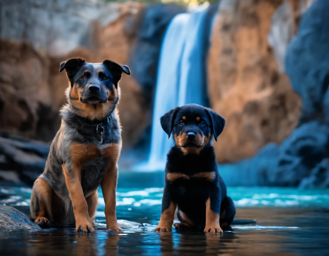 Australian cattle dog and Rottweiler puppy sitting in the crystal blue waterfall, castle background, fantasy style, vibrant colors