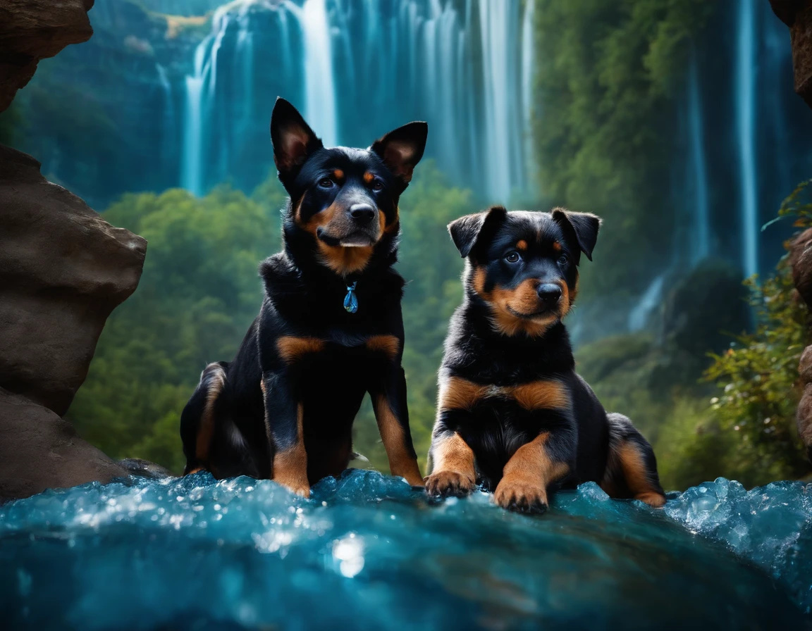 Australian cattle dog and Rottweiler puppy sitting in the crystal blue waterfall, castle background, fantasy style, vibrant colors