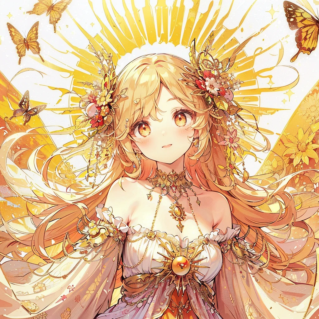 (Exquisite, beautiful, Very detailed, masterpiece, High resolution,high quality,High resolution),(Well-formed face,Soft and thin lines: 1.2, beautiful, Delicate and vivid illustrations with a mature and clear feel),(The motif is the sun, and a fairy princess with butterfly-like fairy wings is standing with flame flares around her body and the sun in the background.,), (sun, Flare),((Ultra Wide Shot, Ultra-wide angle of view,whole body)) ((fun, smile,Full of energy)), (Gold tiara, earrings, choker and anklet,), ((A red ball gown dress with a sun motif, Fairy wings from the back)), (Deep pink cheeks、Plump pink lips,Big Bus, Fair skin, Good style), (Sun&#39;s light, pastel colour, Bright atmosphere, colorful, Bright colors,Fantasy),