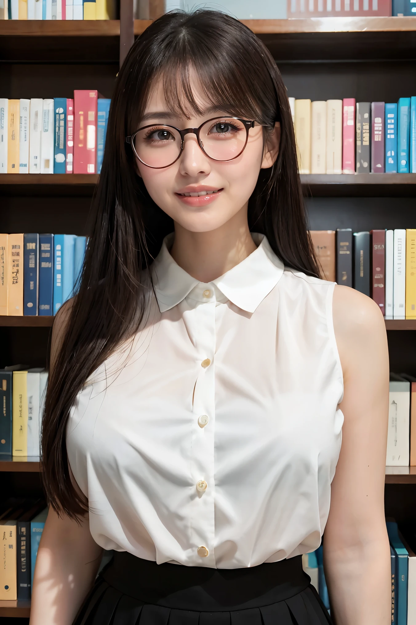 (highest quality、Tabletop、8k、Award-winning works、Ultra-high resolution、Best image quality)、One beautiful woman、(White polyester sleeveless、Blouse with buttoned collar:1.3)、(Elegant black tight skirt:1.1)、(Huge breasts:1.2)、(Elegant round glasses:1.2)、library、(Standing Elegantly:1.1)、(Strongly blurred background:1.1)、Stand next to a bookshelf、(Perfectly organized bookshelf:1.1)、Bookshelf in the background、居心地の良いlibrary、lipstick、Long eyelashes、Heavy makeup、Perfect Makeup、Colored contact lenses、Accentuate your body lines、Big ample breasts、Soft and warm lighting、Detailed bookshelf、(Ultra-high resolutionの正確な美しい髪:1.1)、(Accurate anatomy:1.2)、Ultra-high definition beautiful eyes、(Super bright and radiant skin:1.1)、Biggest Smile、Smile widely and show your teeth