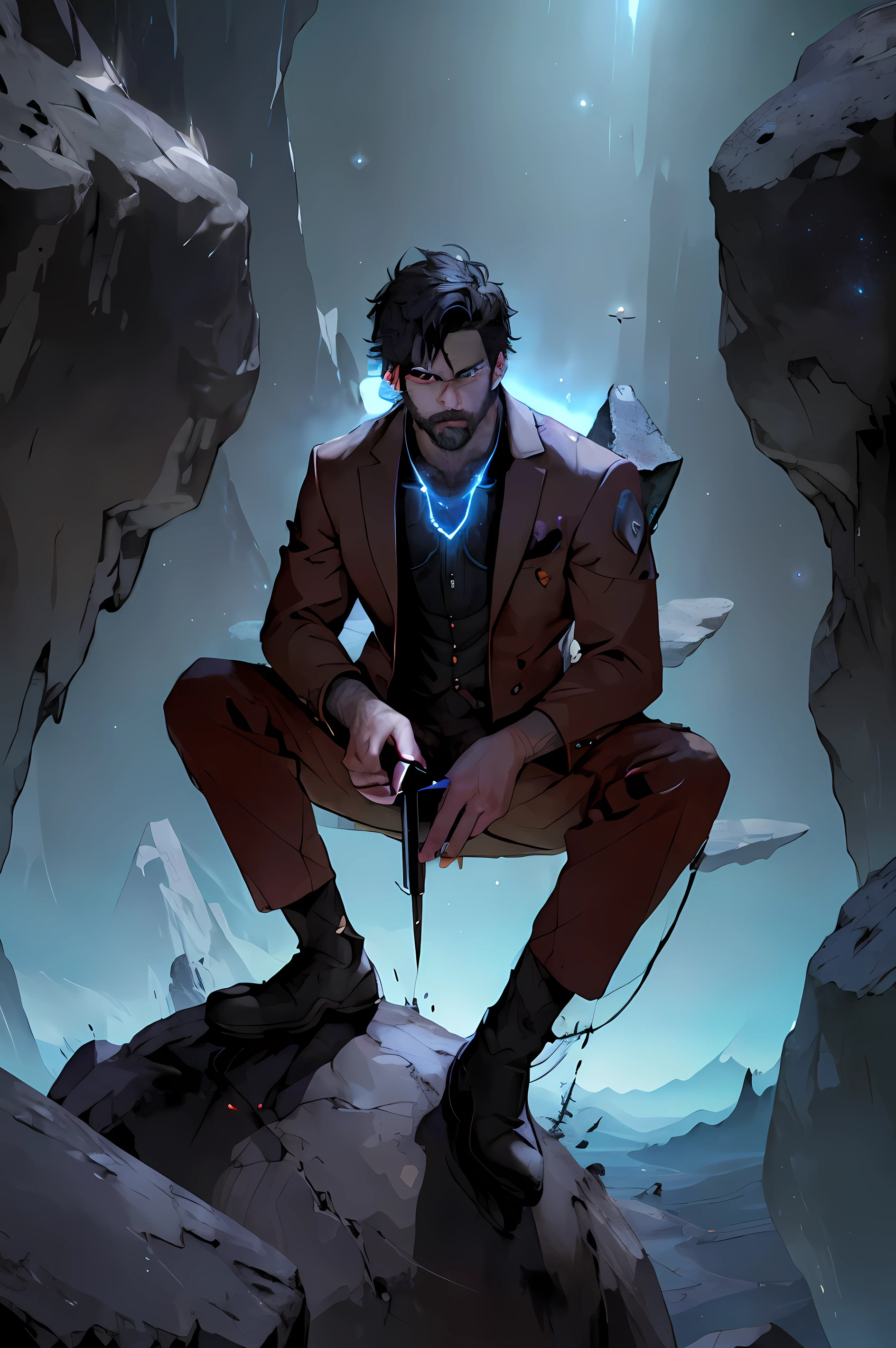 Draw a young programmer, sitting on a research platform floating in the middle of an asteroid belt. He is studying with a notebook, surrounded by several asteroids glowing with fiery auras. Dramatic lighting from distant stars and planets illuminates the scene, casting deep shadows on the suit. The young man looks confident and determined, looking at the vast and mysterious universe with wonder and respect,facial hair, cowboy shot,