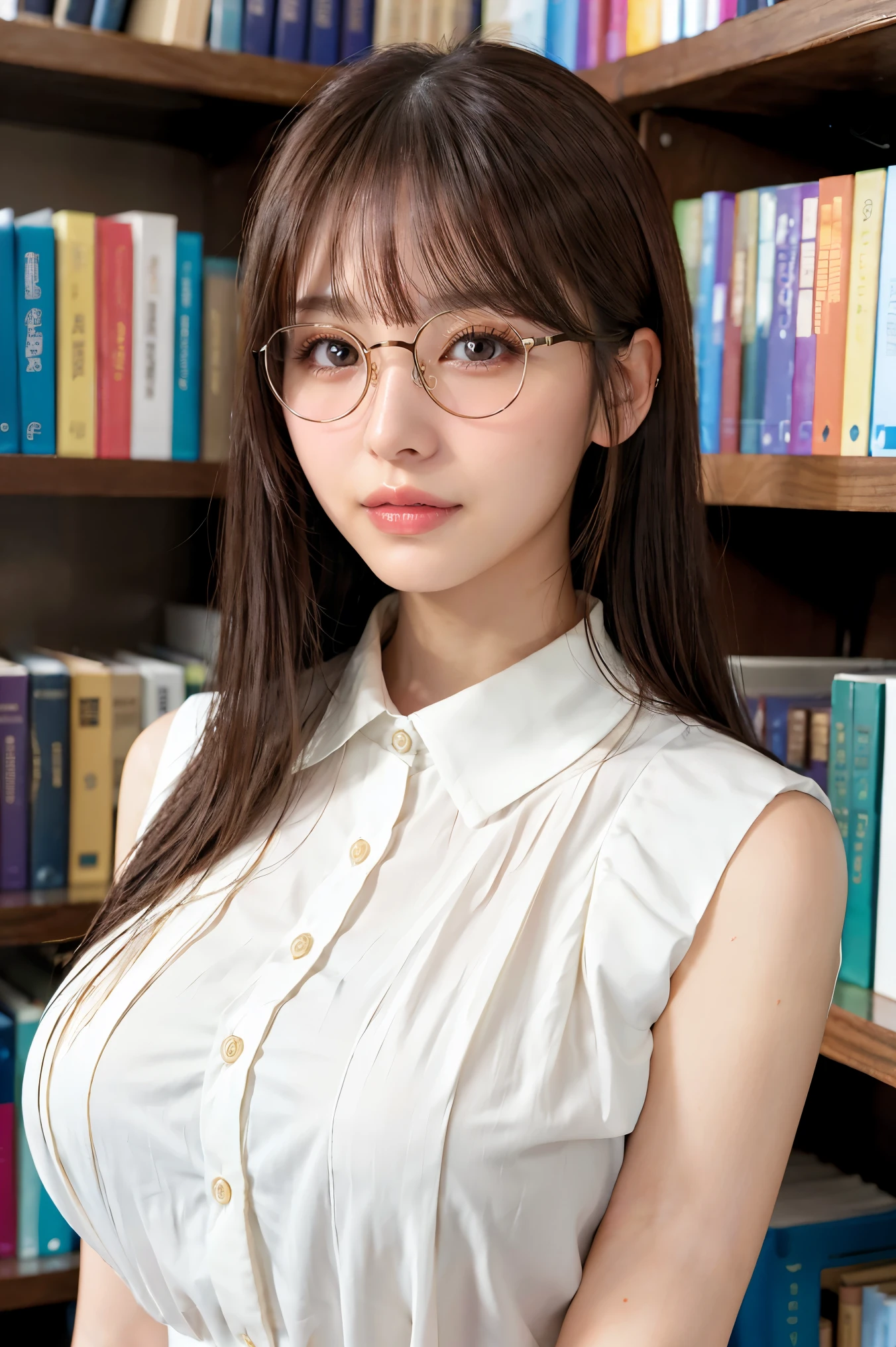 (highest quality、Tabletop、8k、Award-winning works、Ultra-high resolution、Best image quality)、One beautiful woman、(White polyester sleeveless、Blouse with buttoned collar:1.3)、(Elegant black tight skirt:1.1)、(Huge breasts:1.2)、(Elegant round glasses:1.2)、library、(Standing Elegantly:1.1)、(Strongly blurred background:1.1)、Stand next to a bookshelf、(Perfectly organized bookshelf:1.1)、Bookshelf in the background、居心地の良いlibrary、lipstick、Long eyelashes、Heavy makeup、Perfect Makeup、Colored contact lenses、Accentuate your body lines、Big ample breasts、Soft and warm lighting、Detailed bookshelf、(Ultra-high resolutionの正確な美しい髪:1.1)、(Accurate anatomy:1.2)、Ultra-high definition beautiful eyes、(Super bright and radiant skin:1.1)