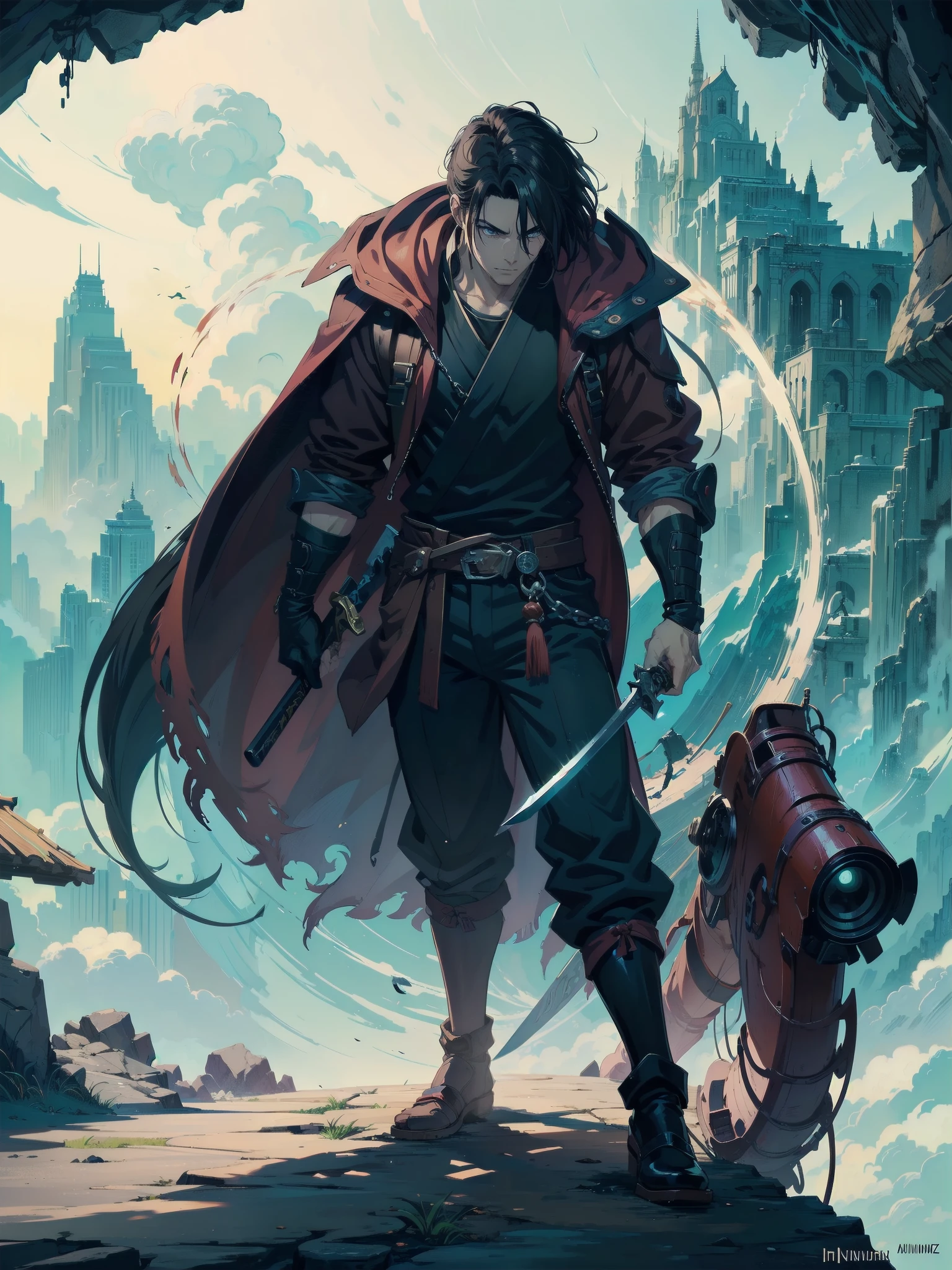 (absurdos, Altas Resoluciones, Ultra detallado, HDR), Obra maestra, La mejor calidad, final fantasy vii, vincent valentine, 1hombre solamente, guapo, pelo largo, cabello negro, Ojos rojos vibrantes, ojos finos y cara detalladas, Armadura, ((Arma intrincada)), revolver,  agazapado con la capa roja ondeando. Final Fantasy, abs, badass pose, Personaje masculino de anime, Badass Anime 8K, Arte detallado del personaje de anime, Concepto de anime HDR Anime MacManus, Chico anime, Ikuto Yamashita, Anime CG arte suave, Fondo de pantalla de manga 4 k, inspirado por Yamagata Hiro, Wallaper de animea painting of a man with a sword and a red cape, son of sparda, epic anime style, anime epic artwork, epic fantasy digital art style, advanced digital anime art ”, portrait of ninja slayer, hero 2 d fanart artsation, epic fantasy style art, epic fantasy art style, high quality colored sketch, akira from chinese mythology, epic full color illustration