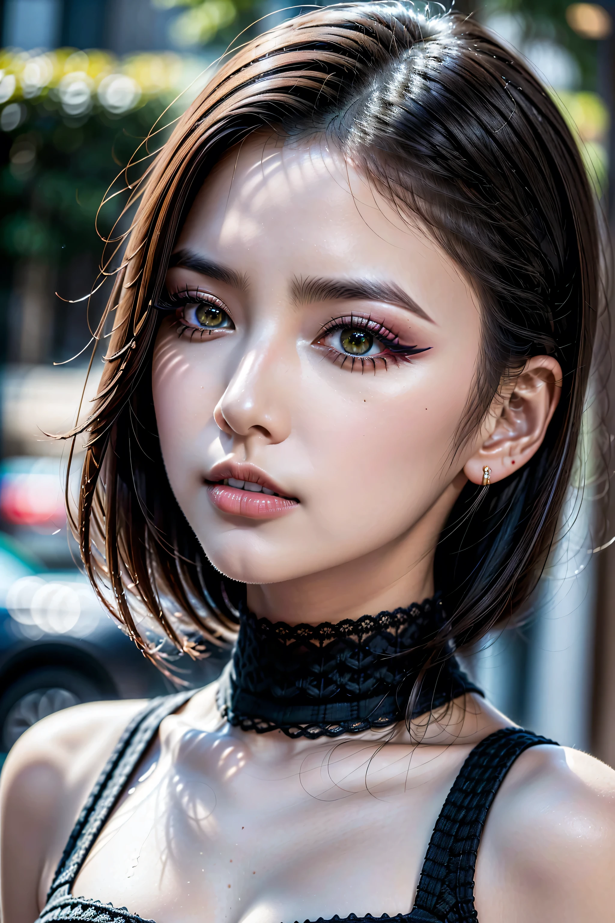 Divide Ratio : 1,1,1 Base Ratio: ((Intricately detailed portrait:1.2)), (1girl:1.35, 20-year-old), Realism, highest resolution, (depth of field), (the most absurd quality),(highest quality realistic texture skin),(highest quality realistic texture hair),BREAK,((black hair, (slicked to the side), insanely detailed:1.4)), ((perfect proportions)),((anatomically correct)), ((firm and full breasts:1.25)),(the most absurd quality perfect eyes), (super detail beautiful face), ((light pale complexion)), ((ultra detailed clear, perfect round realistic green_eyes:1.35)), BREAK, finely detailed pupils, detailed lips:1.3, (put on long_blue_eyelash:1.35), BREAK, (Detailed nose:1.2), (Upper body shot), BREAK, ((wearing a tight black knitted dress:1.35)),((small round head:1.3)), ((close up of her face:1.2)), exquisite balance of shadows,perfect composition, ((look at the viewer)), Hasselblad, 85mm f/4.0