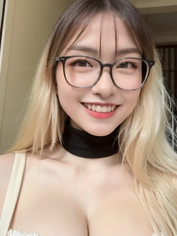 (realistic、masterpiece、Best Quality、8K、highres、high resolution:1.3)、1 glasses girl、Huge breasts、smile, white bikini、pale white skin、looking at viewers、super fine face and eyes、long blonde hair、indoor、 upper body、