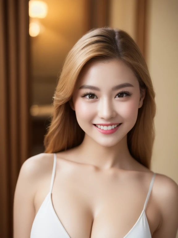 (realistic、masterpiece、Best Quality、8K、highres、high resolution:1.3)、1 glasses girl、Huge breasts、smile, white bikini、pale white skin、looking at viewers、super fine face and eyes、long blonde hair、indoor、 upper body、