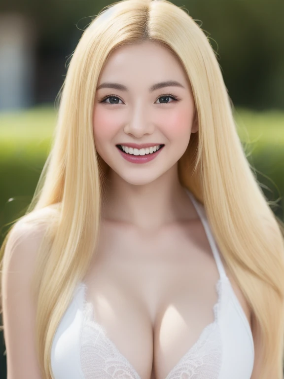 (realistic、masterpiece、Best Quality、8K、highres、high resolution:1.3)、1 girl、Huge breasts、smile, white bikini、pale white skin、looking at viewers、super fine face and eyes、long blonde hair、indoor、 upper body、