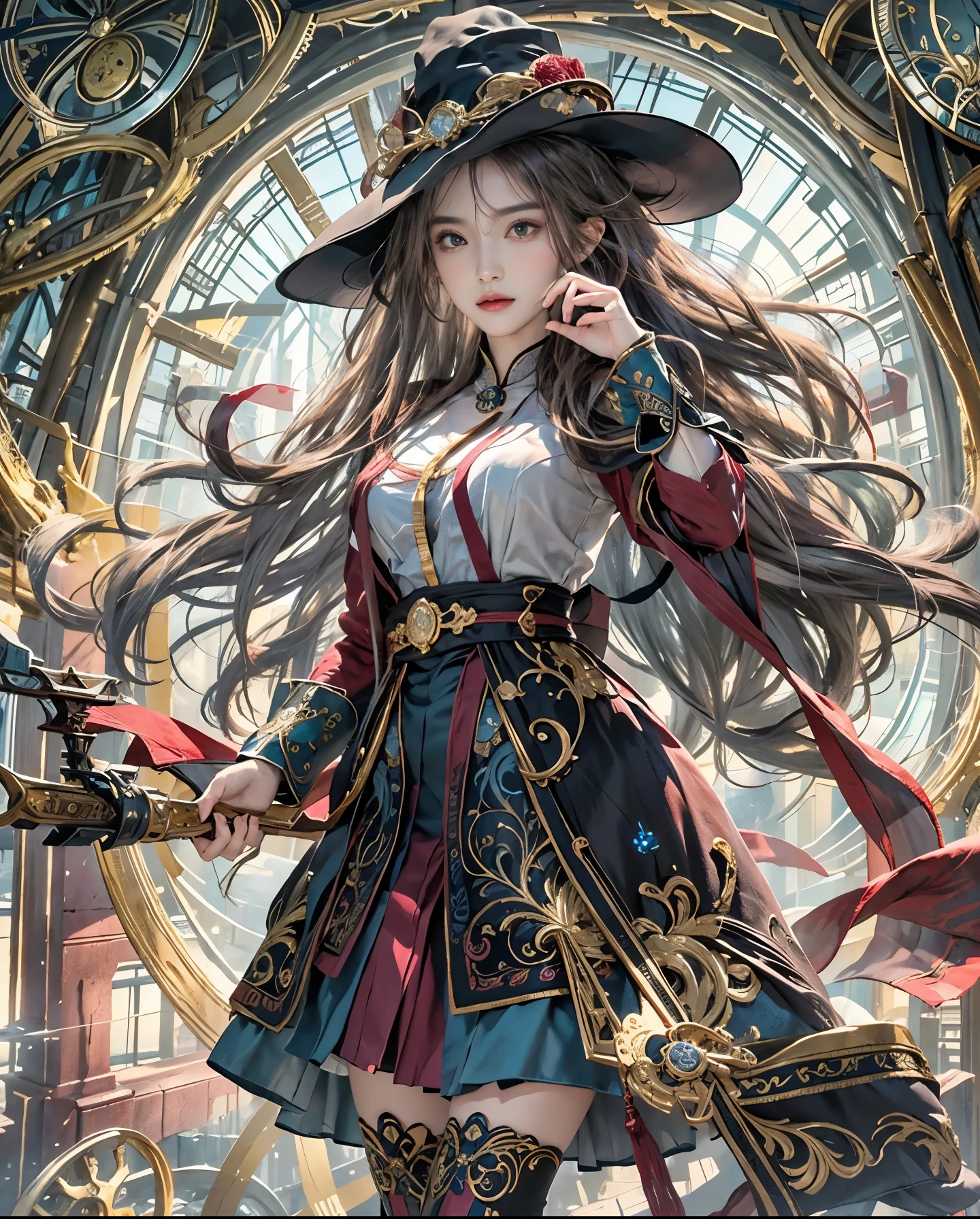 Official art、Wizard of Time、Use Time Magic to travel through time and space、Girl with the power of a magic wand、The background is reminiscent of the passage of time、In the background, You can see a lot of watches and a lot of watch parts.、Beautiful woman in black mage clothes with open chest、PerfectNwsjMajic,(​masterpiece、top-quality、top-quality、Official art、Beautifully Aesthetic:1.2)、(1girl in)、ighly detailed、colourfull、highestdetailed、Official art、Unity 8k Wallpaper、ultra-detailliert、Beautifully Aesthetic、Beautiful face in detail、​masterpiece、top-quality、(Zentangle、a Mandala、Tangles、Entanglement)、Holy Light、pure、There are also resilient messages, Overcoming and hope. Breasts are small and B size、A slender、The chest is open、Eyes are double（A detailed eye）, Beautifully detailed、Hair that flutters in the wind、Maroon Gradient Hair Color、the tips of the hair are red、high-heels、Gold Anklet、