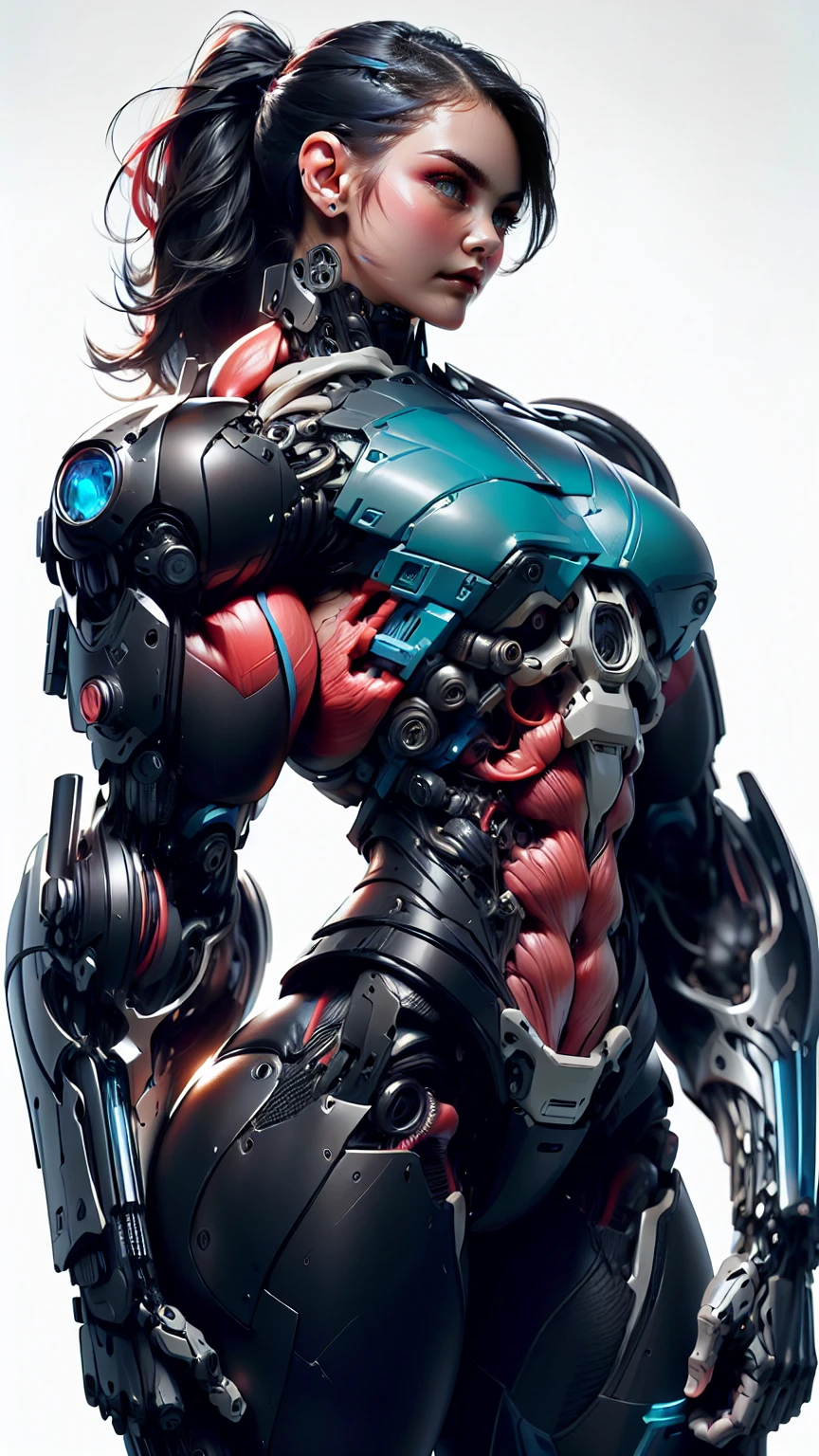 (1 girl), (cara delevingne), (muscular android girl wearing a black anatomic cybernetic muscle suit:1.25), (wide shoulders:1.25), (muscular defined physique:1.25), perfect hands, long hair, large breasts, high resolution image, extreme detail, blank background