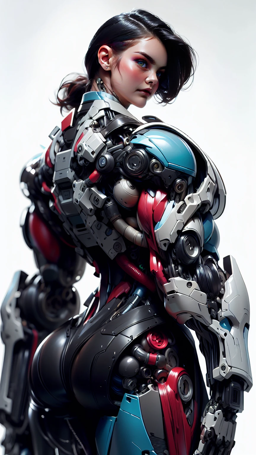 (1 girl), (cara delevingne), (muscular android girl wearing a black anatomic cybernetic muscle suit:1.25), (wide shoulders:1.25), (muscular defined physique:1.25), perfect hands, long hair, large breasts, high resolution image, extreme detail, blank background