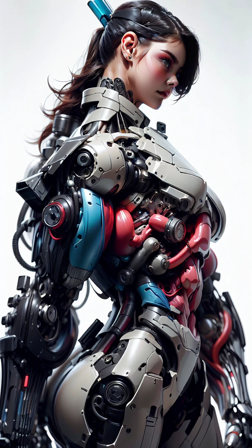 (1 girl), (cara delevingne), (muscular android girl wearing a black anatomic cybernetic muscle suit:1.25), (wide shoulders:1.25), (muscular defined physique:1.25), perfect hands, long hair, large breasts, high resolution image, extreme detail, blank background