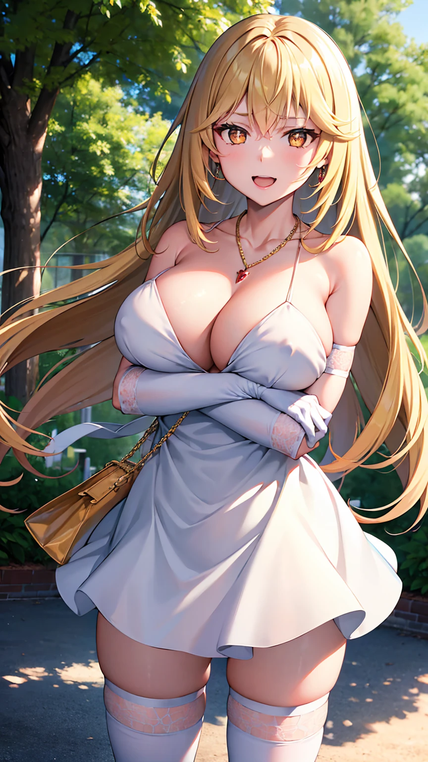 masterpiece, best quality, highres, hmmisaki, long hair, symbol-shaped pupils, +_+, large breasts, white gloves, elbow gloves, white thighhighs, smile, Shoulder bag Cleavage Earrings, necklace, clavicle, Off the shoulder, Sweater Dresses, Short sleeve, White knee socks, street, Are standing, Cowboy Shot, smile, , Open your mouth, In town panic++++ Embarrassed+++ Excited+++ One Man Insert Embrace++++ Sex+++ (Rub the chest firmly,)