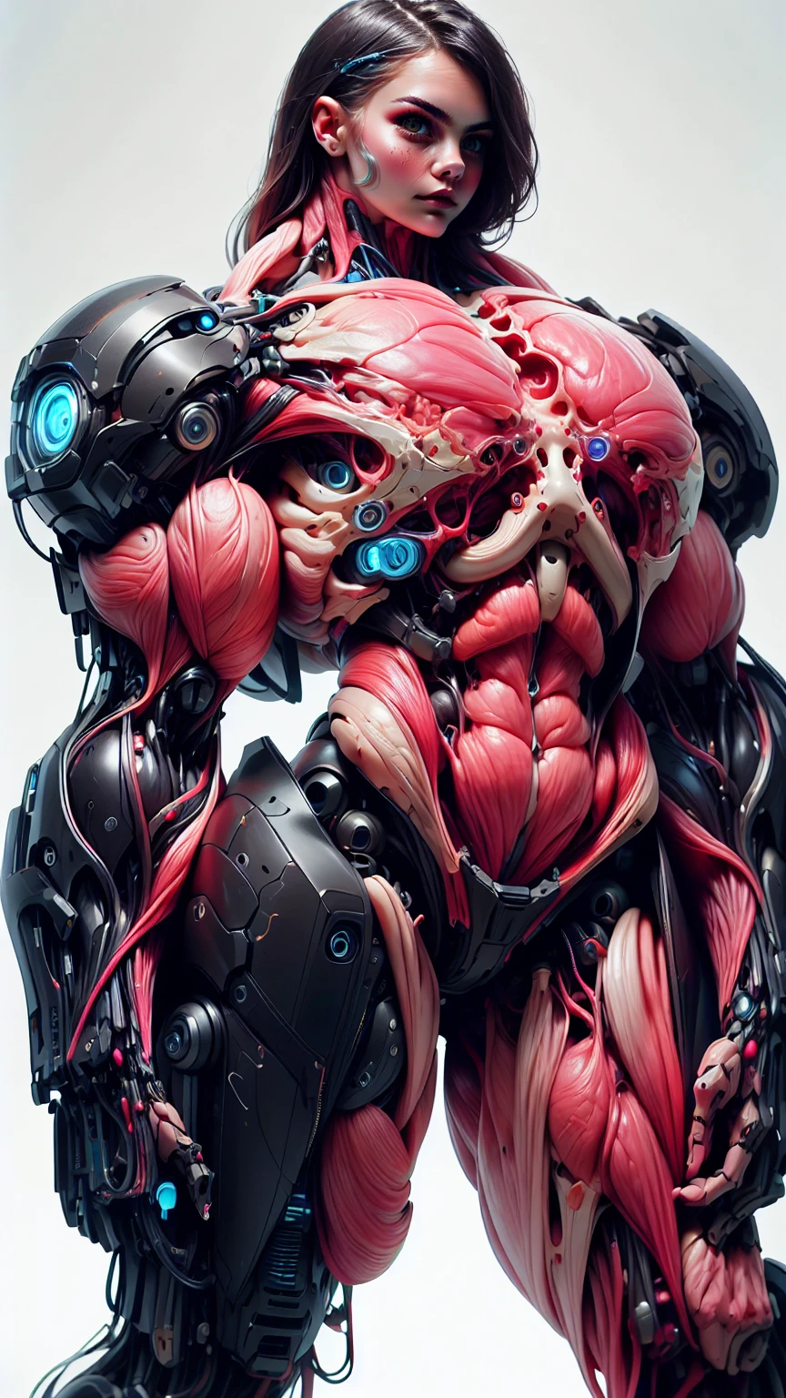 (1 girl), (cara delevingne), (muscular android girl wearing a black anatomic cybernetic muscle suit:1.25), (wide shoulders:1.25), (muscular defined physique:1.25), perfect hands, long hair, large breasts, high resolution image, extreme detail, blank background