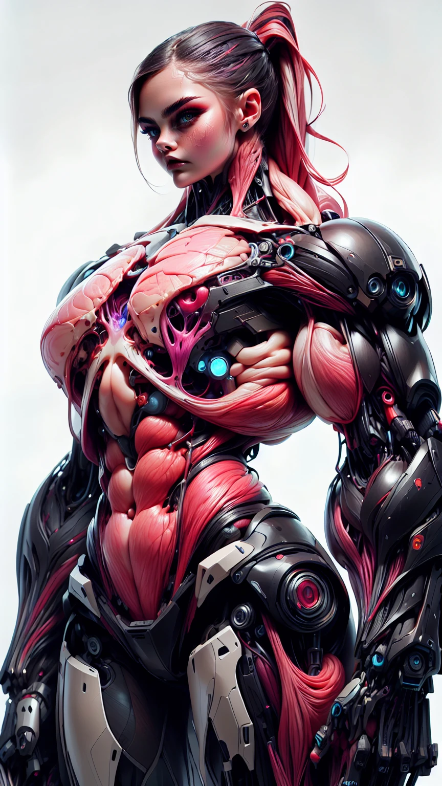 (1 girl), (cara delevingne), (muscular android girl wearing a black anatomic cybernetic muscle suit:1.25), (wide shoulders:1.25), (muscular defined physique:1.25), perfect hands, long hair, large breasts, high resolution image, extreme detail, blank background