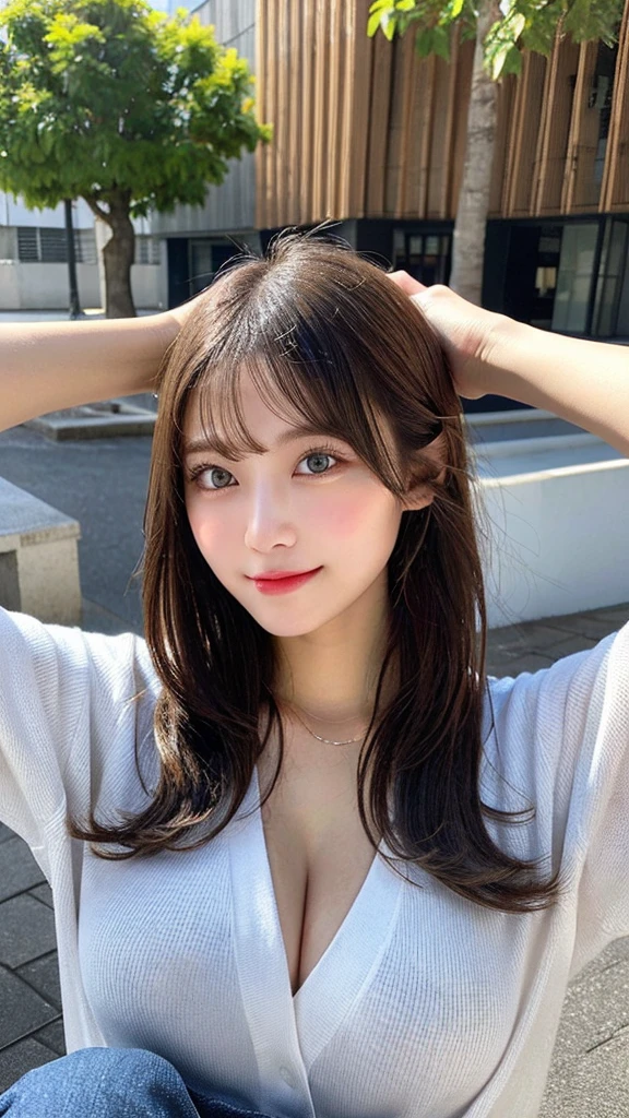 highest quality, shape, Very detailed, finely, High resolution, 8k wallpaper, Perfect dynamic shape, Beautiful and detailed, Summer clothes,Medium Hair,Natural color lip,smile,20-year-old girl、Midnight、Beautiful and elaborate face、Perfect and beautiful face、Slim face and figure,spread your arms wide,Big eyes,Take a photo with your face raised from below your knees、Small face、Beautifully detailed face、Perfect and beautiful double eyelids、Big cleavage、Long, slender legs、One Woman、gravure、Skinny jeans、Watching the audience、Sporty clothing