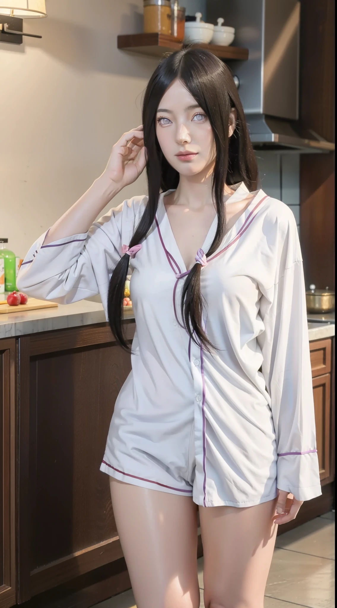 hyuuga hanabi, long hair tied low, hair band, hana purple eyes, beautiful, beautiful woman, perfect body, (((thick thighs))), perfect breasts, wearing white pajamas, pajamas, sleepwear, in the kitchen, clear kitchen, looking at the audience, a slight smile, realism, masterpiece , textured leather, super detail, high detail, high quality, best quality, 1080p, 16k