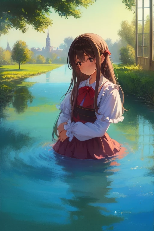 (girl oil Painting:1.2), Pastel tones, bright colors, light water color, deep texture, profound shadows, (layered frills skirts), masterpiece, gradient color, highly detailed, 4k, Digital media
BREAK
black background, 1girl, Sad pose, head tilted, solo, long hair, frizzy hair, blush, brown hair, long sleeves, dress, bow, hair bow, black eyes, sleeves past wrists, red bow, female focus                        BREAK                                                outdoor, Sky, French cityscape, oil painting of a lake, oil painting of trees, Yellow ground
BREAK
simple details, Adorable and gentle atmosphere, soft lines, Glazing, Scumbling, Highlights, Contrast, day light, green line, 3D rendering