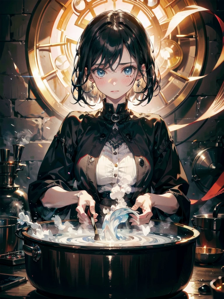 whole body, alchemist room, steaming cauldron, traditional witch attire, absurdres, RAW photo, extremely delicate and beautiful, masterpiece, Best Quality, ultra high resolution, 32k, hyperrealistic, ultra-detailed, detailed description, pale skin, 20 years old, detailed beautiful face and eyes, tearful mole, earring, Colossal tits, short medium hair, wavy hair,