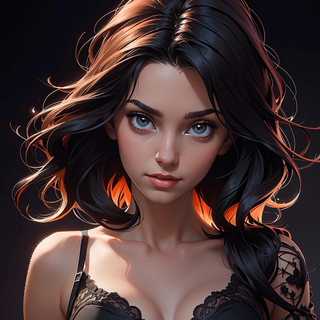portait of a skinny woman, wearing a black lace bra, vivid colors, natural lighting