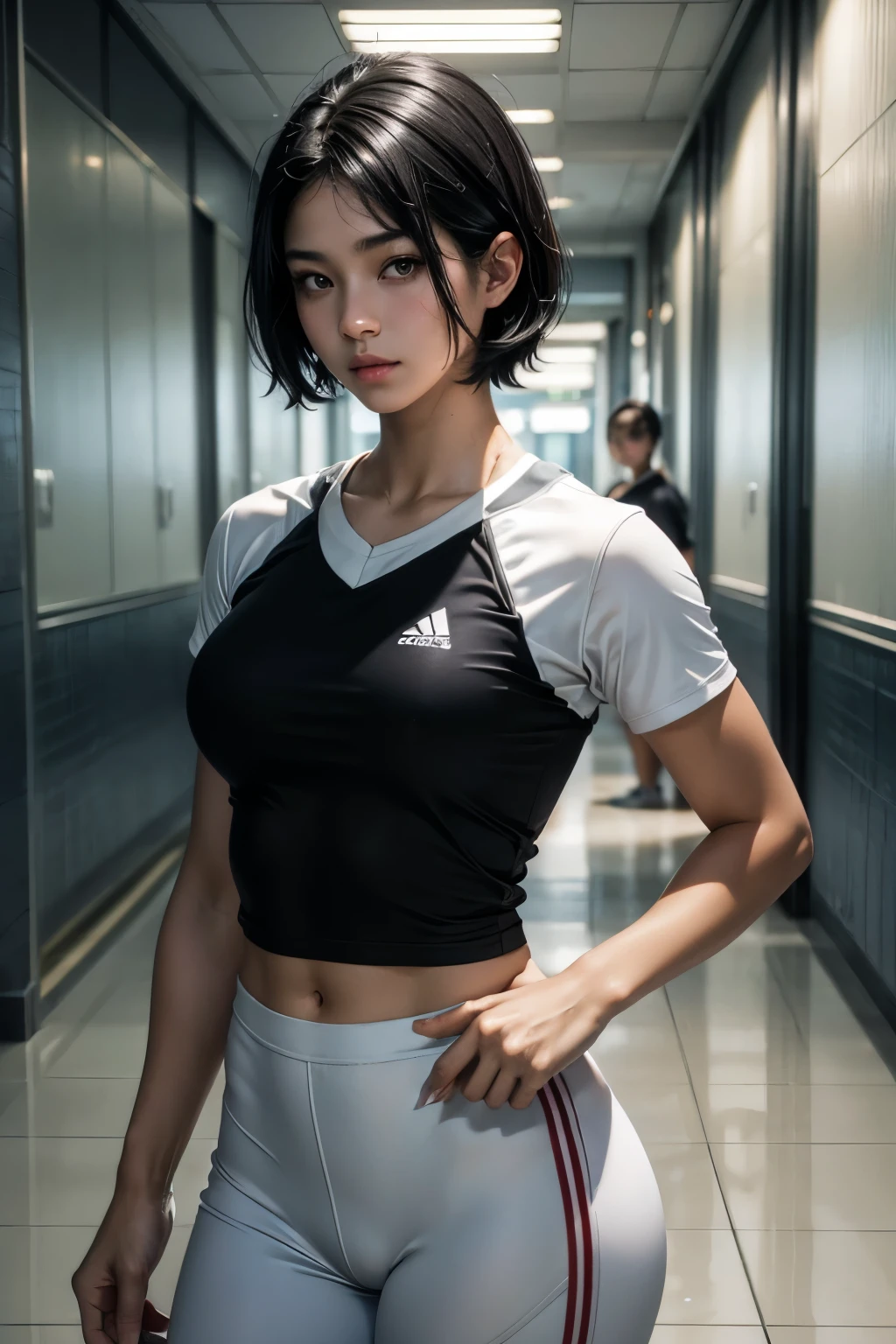 UHD, masterpiece, textured skin, super detail, high details, high quality, award winning, best quality, HD, upper body shot, (1Girl, Asian, Beautiful, short black hair, athletic, wearing white athletic clothes, (looking at POV)), (In a school hallway)