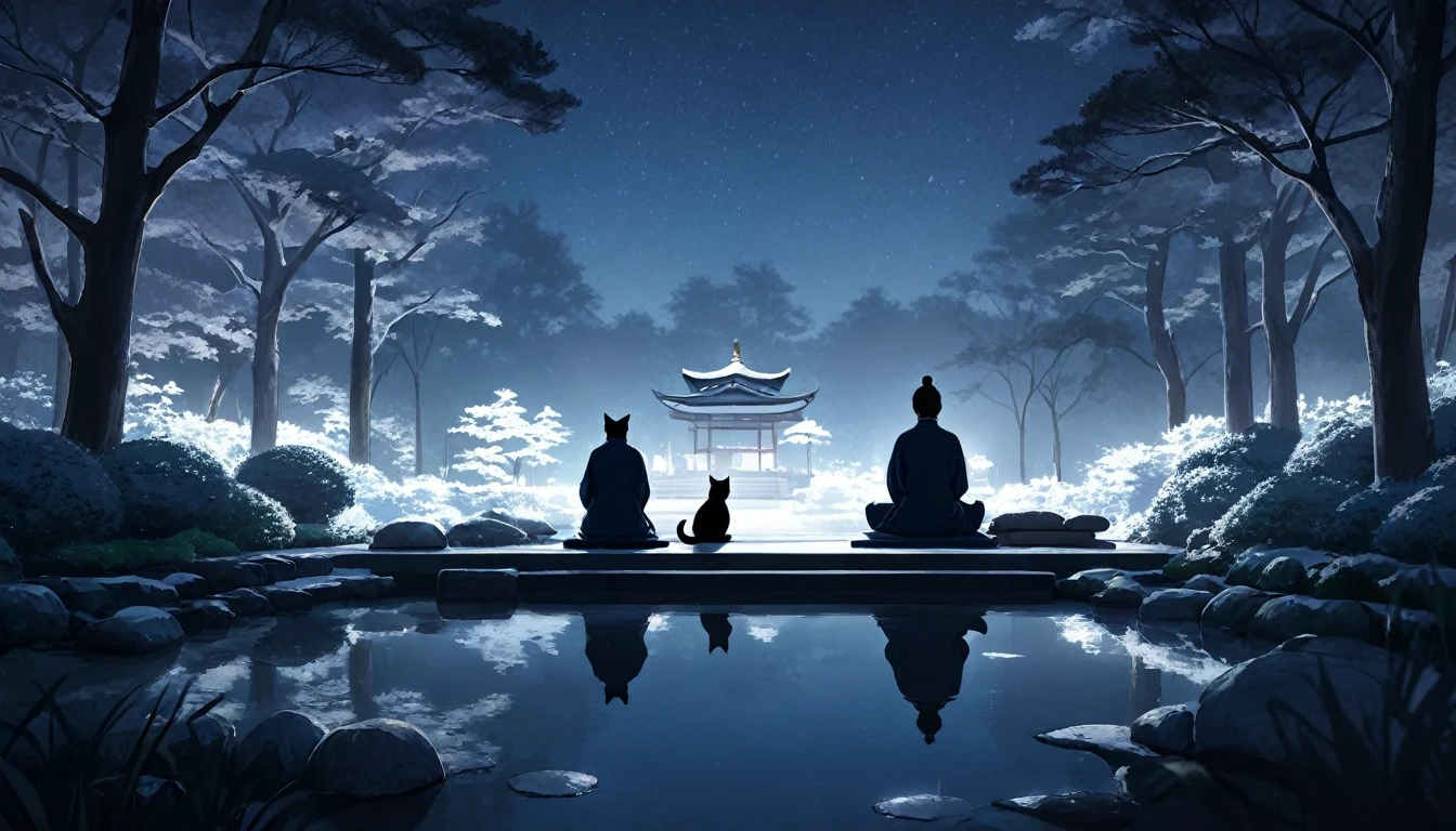 Pessoa oriental meditando cercada de gatos. The setting is a Japanese winter garden, sob a luz do luar. Belo landscape com um jardim de inverno.   night sky. cinematic lighting. Pessoa meditando. meditation 