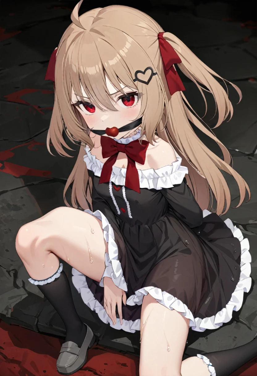 1girl, evil neuro-sama, (yuzu modoki), red eyes, light brown hair, ahoge, two side up, hair ribbon, dark red ribbon, heart hair ornament, black dress, frilled dress, off-shoulder dress, bare shoulders, frilled choker, long sleeves, red bow, red buttons, black heart, black socks, frilled socks, grey footwear, loafers, (masterpiece, best quality), highly detailed, finely detailed, from above, arm behind back, wet, angry, gagged, looking at viewer, spread legs, see-through dress, covered nipples, sitting, underwear, cleavage, hugging own legs, knees to chest,