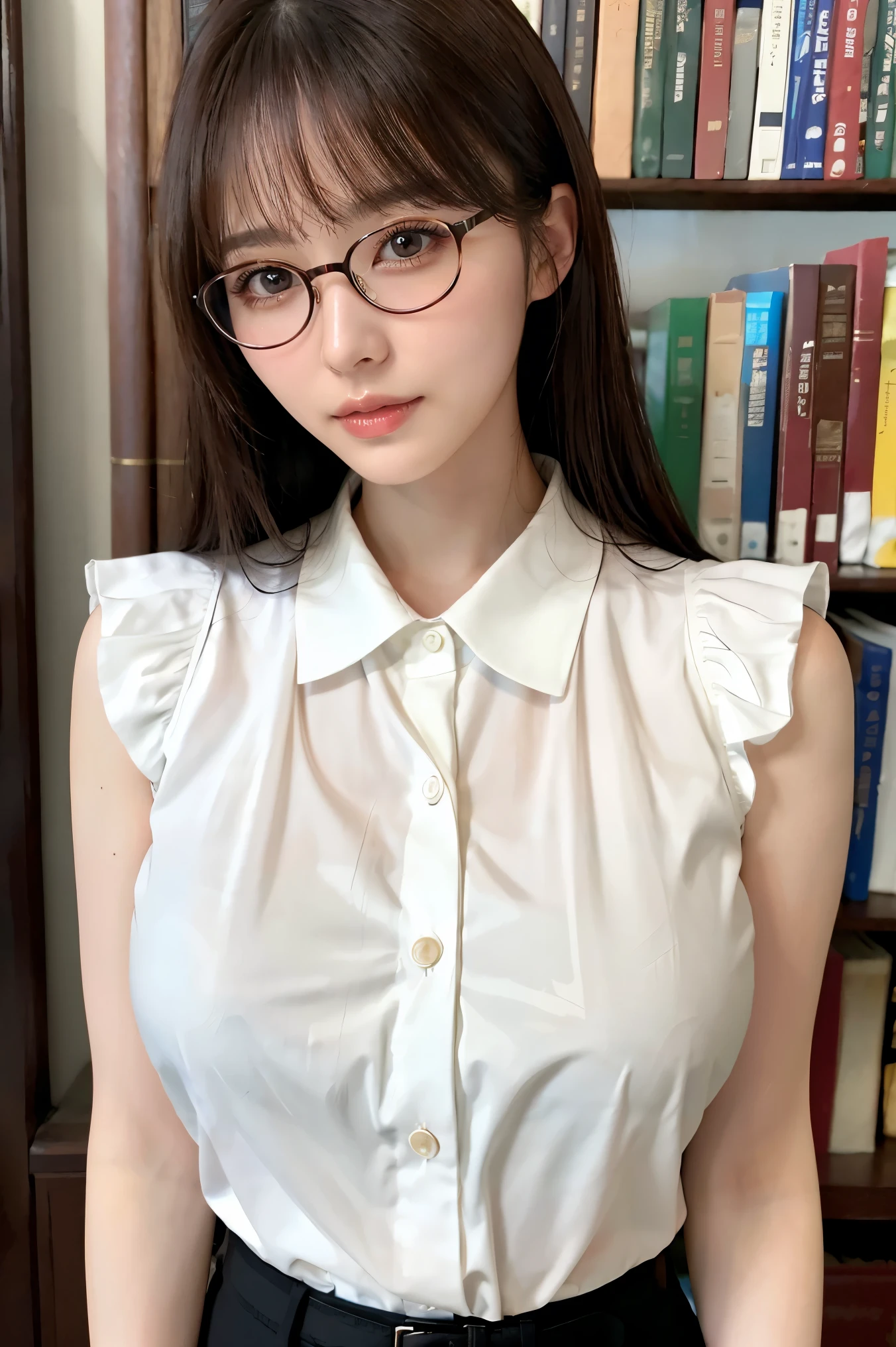 (highest quality、Tabletop、8k、Award-winning works、Ultra-high resolution、Best image quality)、One beautiful woman、(White polyester sleeveless、Blouse with buttoned collar:1.3)、(Elegant black tight skirt:1.1)、(Huge breasts:1.2)、(Elegant round glasses:1.2)、library、(Standing Elegantly:1.1)、(Strongly blurred background:1.1)、Stand next to a bookshelf、(Perfectly organized bookshelf:1.1)、Bookshelf in the background、居心地の良いlibrary、lipstick、Long eyelashes、Heavy makeup、Perfect Makeup、Colored contact lenses、Accentuate your body lines、Big ample breasts、Soft and warm lighting、Detailed bookshelf、(Ultra-high resolutionの正確な美しい髪:1.1)、(Accurate anatomy:1.2)、Ultra-high definition beautiful eyes、(Super bright and radiant skin:1.1)