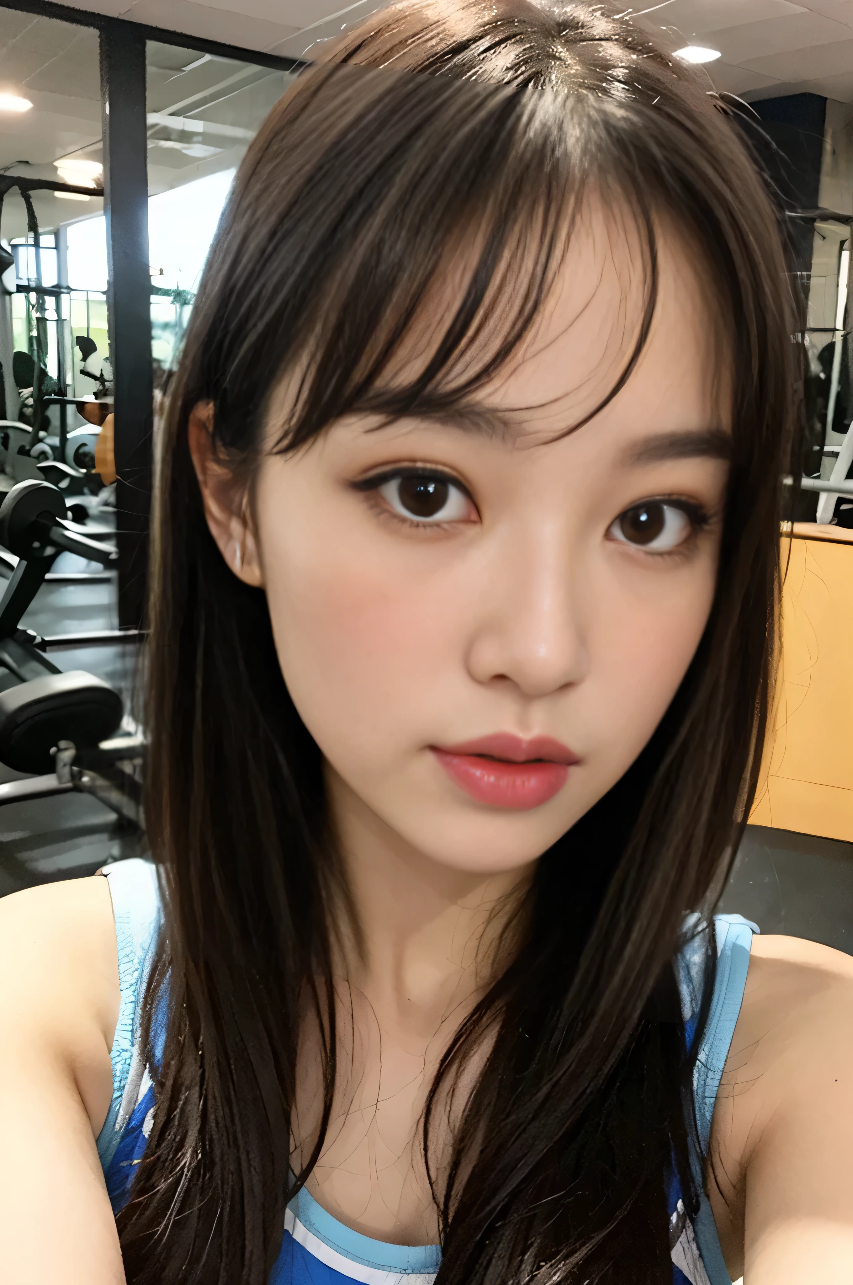 Very detailed CG Unity 8k wallpaper, highest quality, Very detailed, masterpiece, Realistic, photo Realistic, Very detailed cute girl, Age 25, logic, 腹logic, Round eyes, Audience, blush, Lips parted, Half Body Shot , Sportswear , Gym,