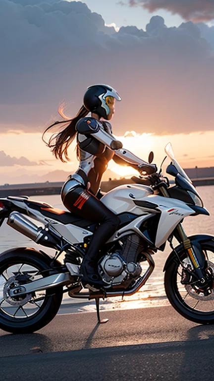 High quality, black iron puppet machine, female hero riding, fine machine riding, fine drawing, sunset background, glossy robot,