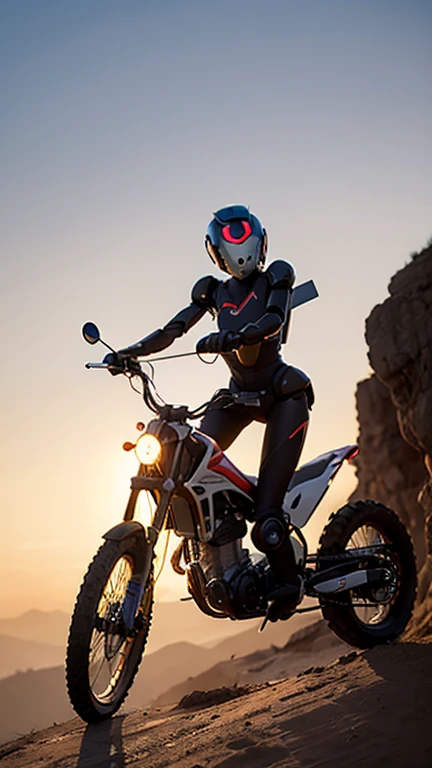 High quality, black iron puppet machine, female hero riding, fine machine riding, fine drawing, sunset background, glossy robot,