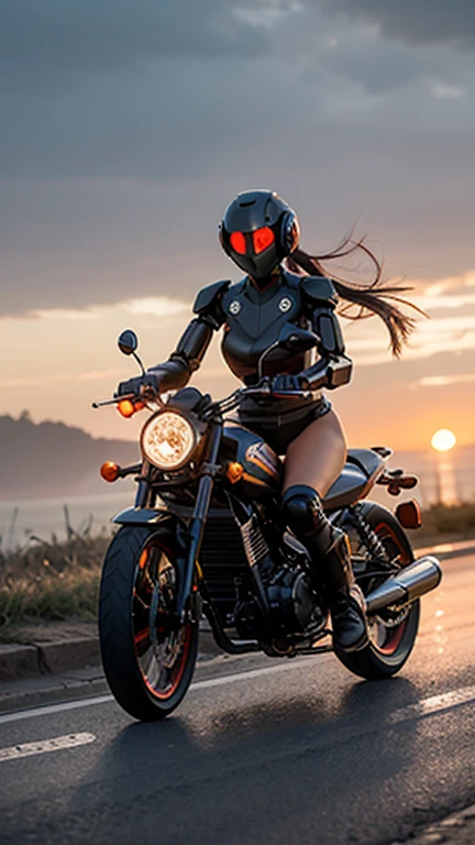 High quality, black iron puppet machine, female hero riding, fine machine riding, fine drawing, sunset background, glossy robot,