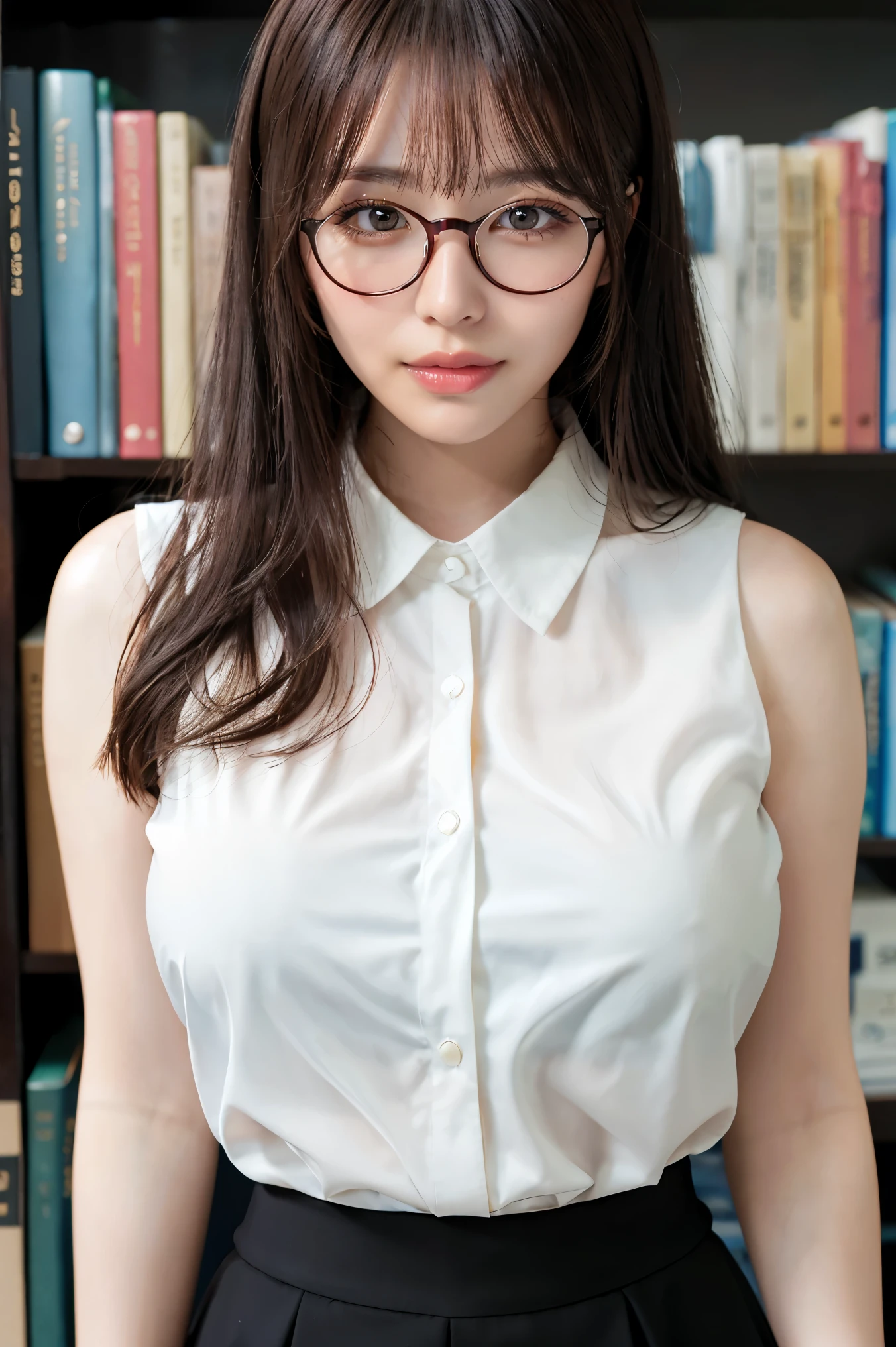 (highest quality、Tabletop、8k、Award-winning works、Ultra-high resolution、Best image quality)、One beautiful woman、(White polyester sleeveless、Blouse with buttoned collar:1.3)、(Elegant black tight skirt:1.1)、(Huge breasts:1.2)、(Elegant round glasses:1.2)、library、(Standing Elegantly:1.1)、(Strongly blurred background:1.1)、Stand next to a bookshelf、(Perfectly organized bookshelf:1.1)、Bookshelf in the background、居心地の良いlibrary、lipstick、Long eyelashes、Heavy makeup、Perfect Makeup、Colored contact lenses、Accentuate your body lines、Big ample breasts、Soft and warm lighting、Detailed bookshelf、(Ultra-high resolutionの正確な美しい髪:1.1)、(Accurate anatomy:1.2)、Ultra-high definition beautiful eyes、(Super bright and radiant skin:1.1)