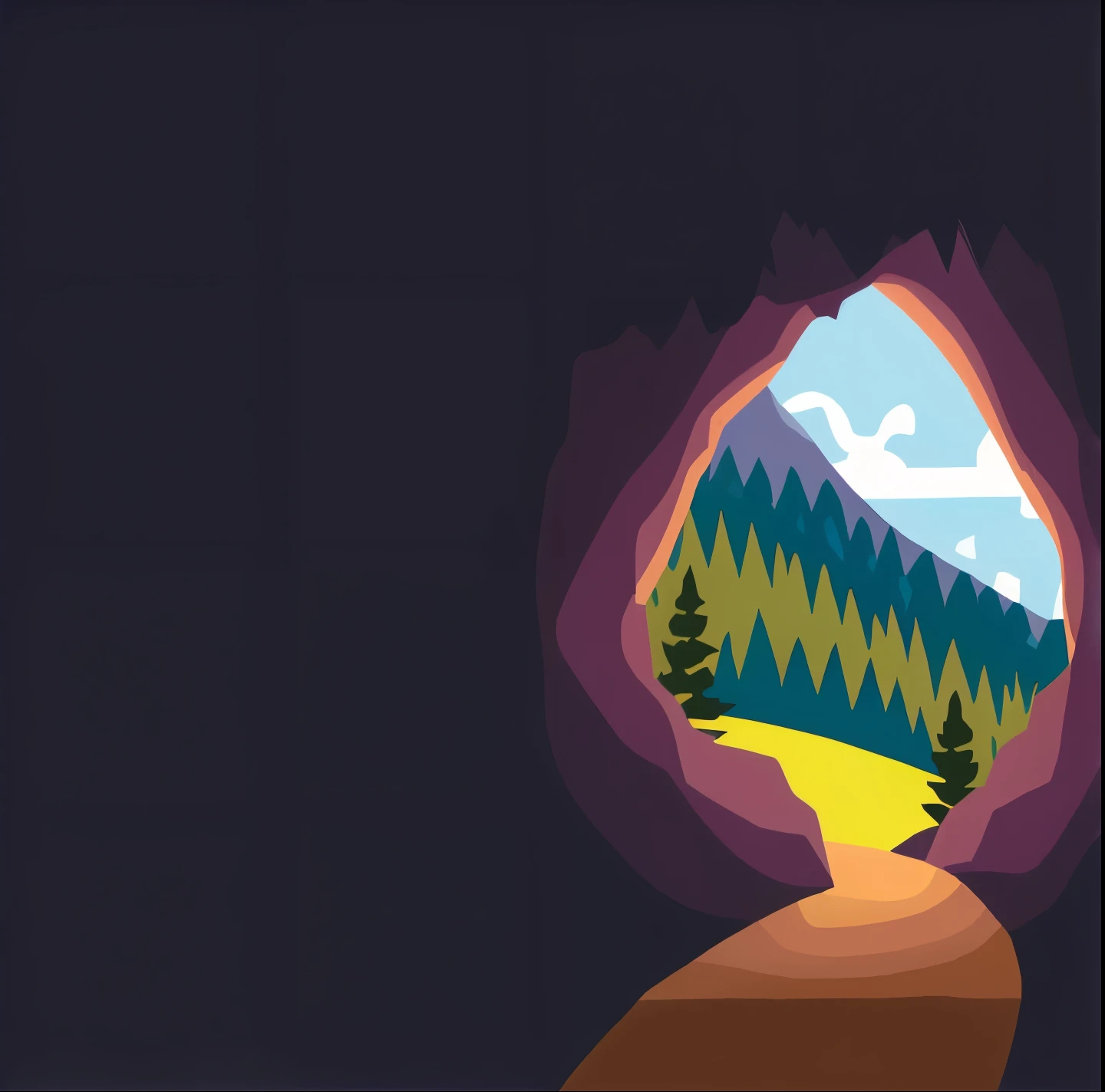 there is a picture of a mountain view from inside a cave, cave background, cave setting, background artwork, canyon background, mountainous background, scenic background, background mountains, mountains background, mountains in a background, flat 2 d vector art, landscape illustration, traveling through the mountains, detailed scenery —width 672, looking into a mysterious cave, mountaineous background use the same image to do a realistic illustration with not too much detail in a watercolor style
