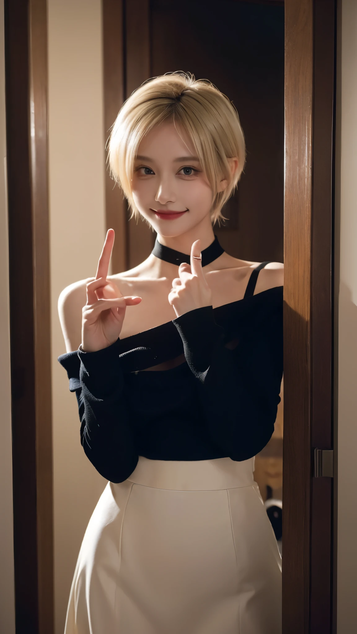 1 girl、alone、masterpiece,highest quality,High resolution,Very detailed, skinny,Black Choker,Earrings,Big cleavage、Off-the-shoulder tight sweater mini dress,Accurate and detailed human body、

From head to toe、

 Cute pose、(A devilish look:1.2), ((Captivating smile )), 
Blonde pixie short hair、
(((Accurate 5-finger)))、Accurate human body、Perfect human body、

Entrance、From outdoors to indoors、深night、night、open the door、Detailed Background、(((POV door way:1.3))),visit