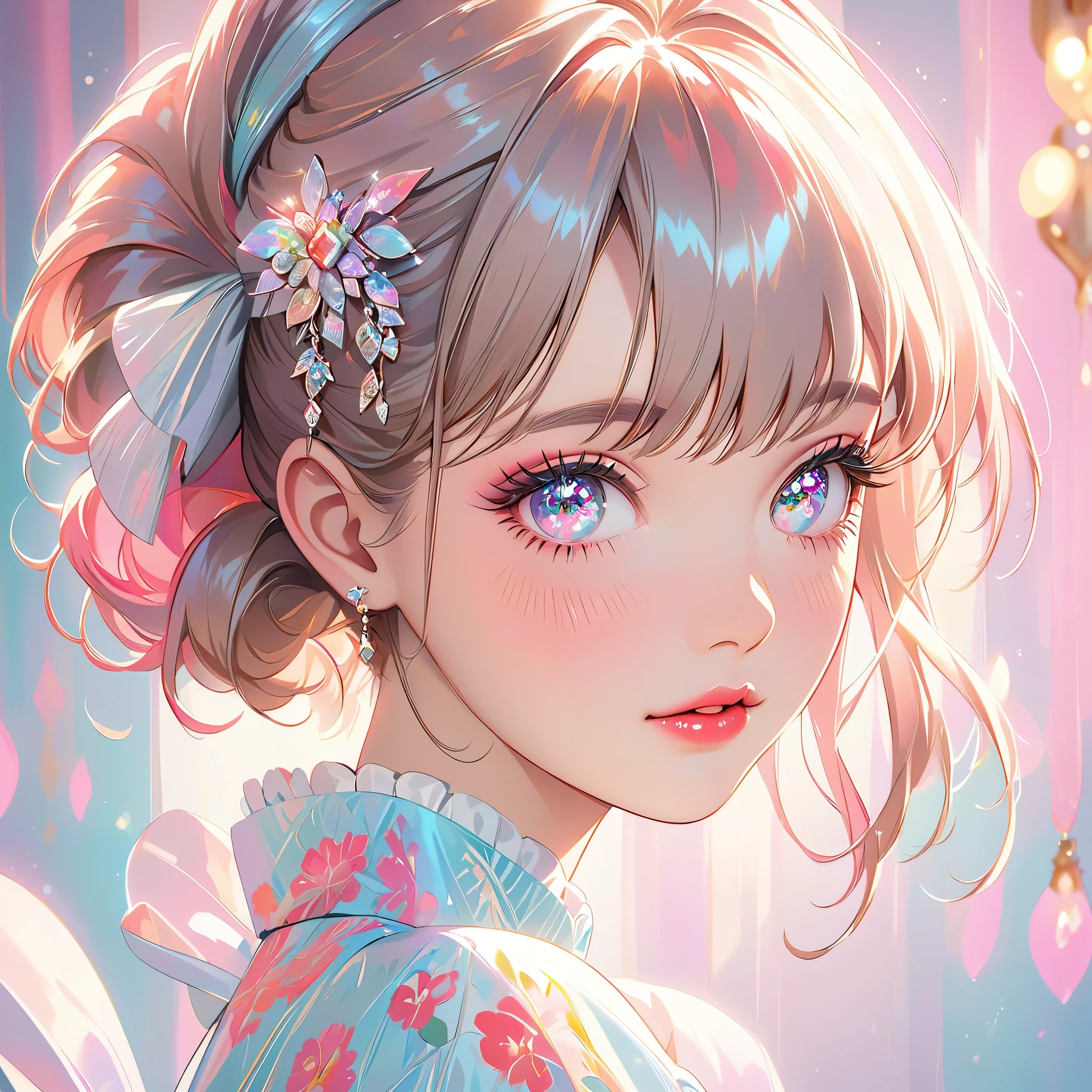 best quality, highres, ultra-detailed, realistic:1.37, vibrant colors, portrait, soft lighting, long eyelashes, sparkling eyes, glossy lips, detailed skin, retro pattern, pastel colors, dreamy atmosphere, elegant pose, nostalgic vibes, glittering highlights, flawless complexion, 80s style fashion, retro hairdo, pink blush, delicate features, diamond-like eyes