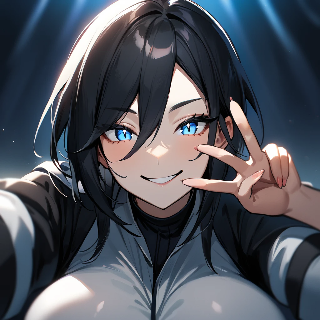 1 girl,androgynous,black hair,blue eyes, Smile,pov,portrait,big breast,(wide hips),White eyes,slit_pupils best quality,very aesthetic,absurdres,v