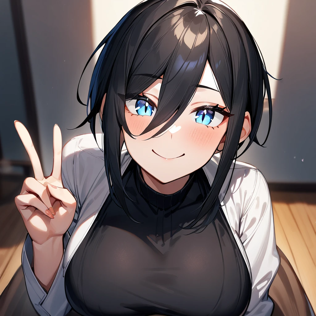 1 girl,androgynous,black hair,blue eyes, Smile,pov,portrait,big breast,(wide hips),White eyes,slit_pupils best quality,very aesthetic,absurdres,v