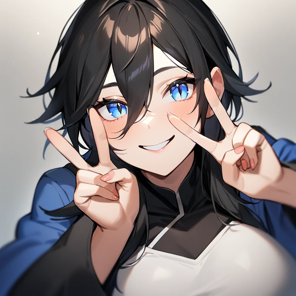 1 girl,androgynous,black hair,blue eyes, Smile,pov,portrait,big breast,(wide hips),White eyes,slit_pupils  best quality,very aesthetic,absurdres,v