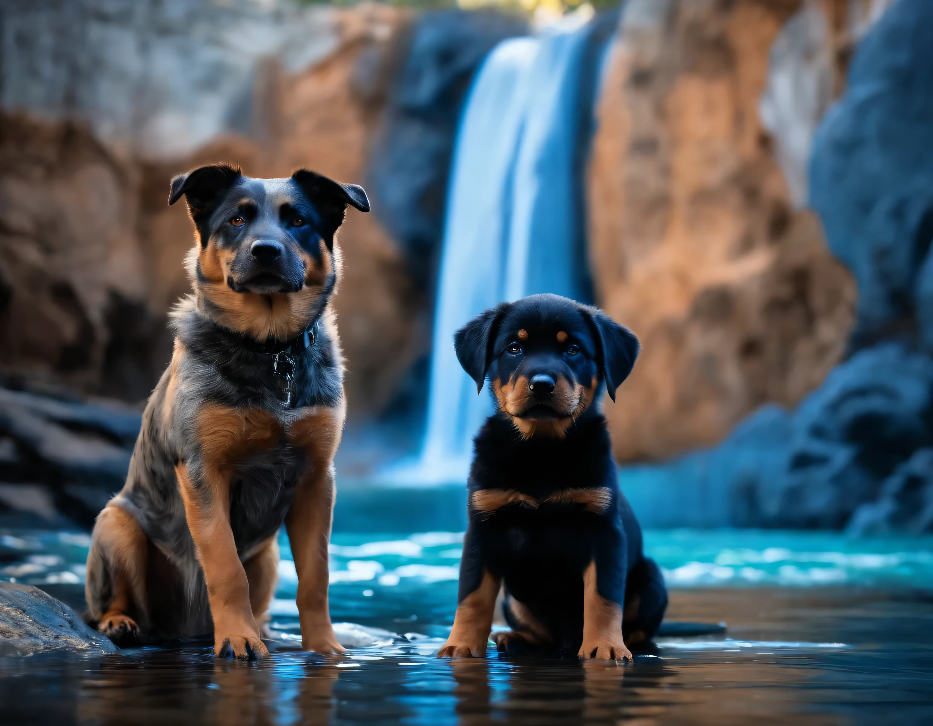 Australian cattle dog and Rottweiler puppy sitting in the crystal blue waterfall, castle background, fantasy style, vibrant colors