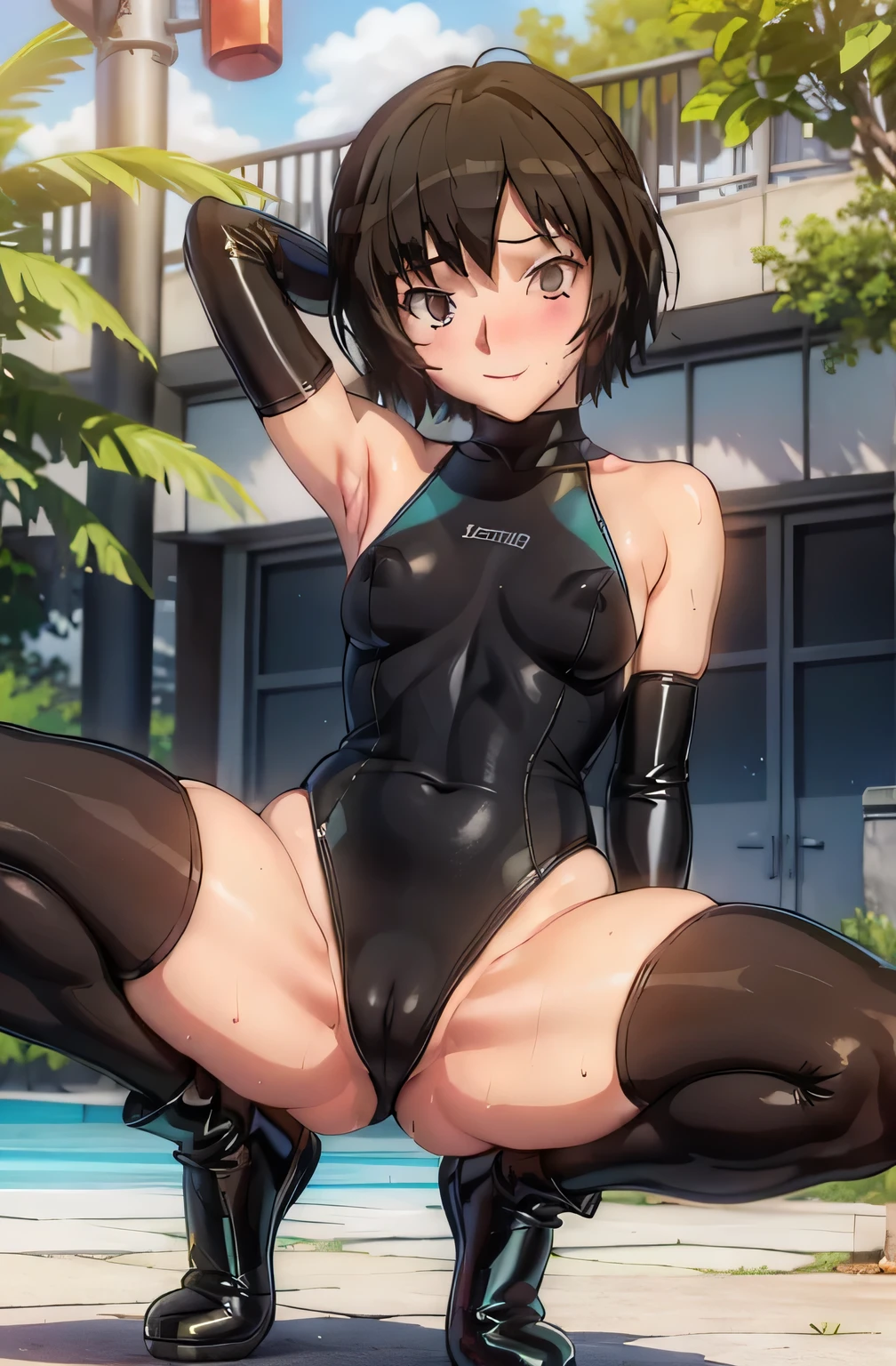NSFW、camel toe:1.4、(Sweat)、(vapor)、(((long gloves:1.3)))、brown loafers、black calf length socks、Open your thighs wide to the left and right、squat on the ground、show off your crotch to the viewer, ((latex old school swimwear:1.3、High leg, spread your legs:1.3, arm behind head ))、、absurd、short hair、flat lighting、Erect nipples、elevation angle、sexy pose、highest quality、Complex、surreal、perspective, very detailed, detailed background, shape、1 girl、alone、small breasts、light smile, embarrassing, blush, Daytime、blue sky、Outdoor、Poolside, (Sweat),