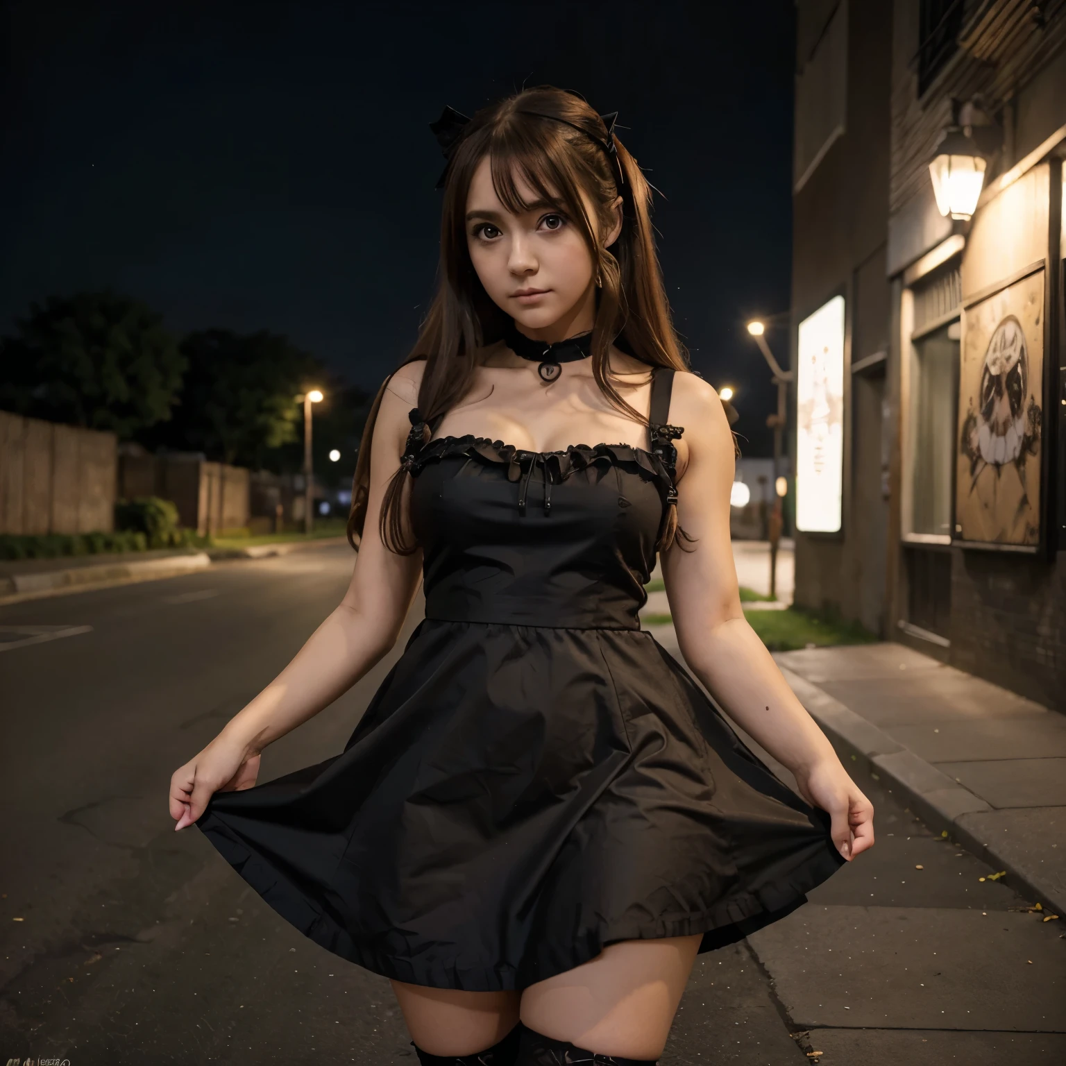 Chica anime con cuernos y un vestido con una calavera., ((Light brown hair))(loli en vestido, gothic maiden chica anime, lindo anime waifu con un bonito vestido, Moe anime art style, chica anime wearing a black dress, nocturno, (chica anime), estilo anime 4k, small with curves, Estilo de arte anime de alta calidad., chica animes, demon chica animes