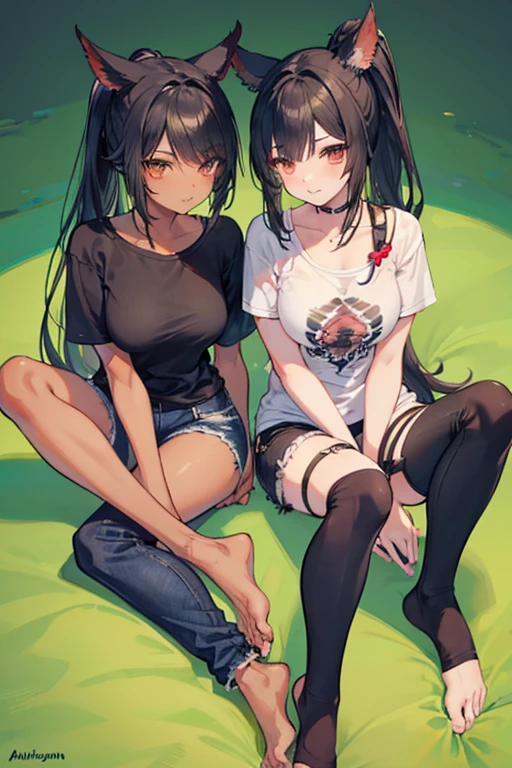 FFXIV Miqo'te with a lithe body, black hair in long ponytail, beautiful face, small breasts and tanned brown skin, wearing a tight t-shirt and short black denim shorts. bare feet